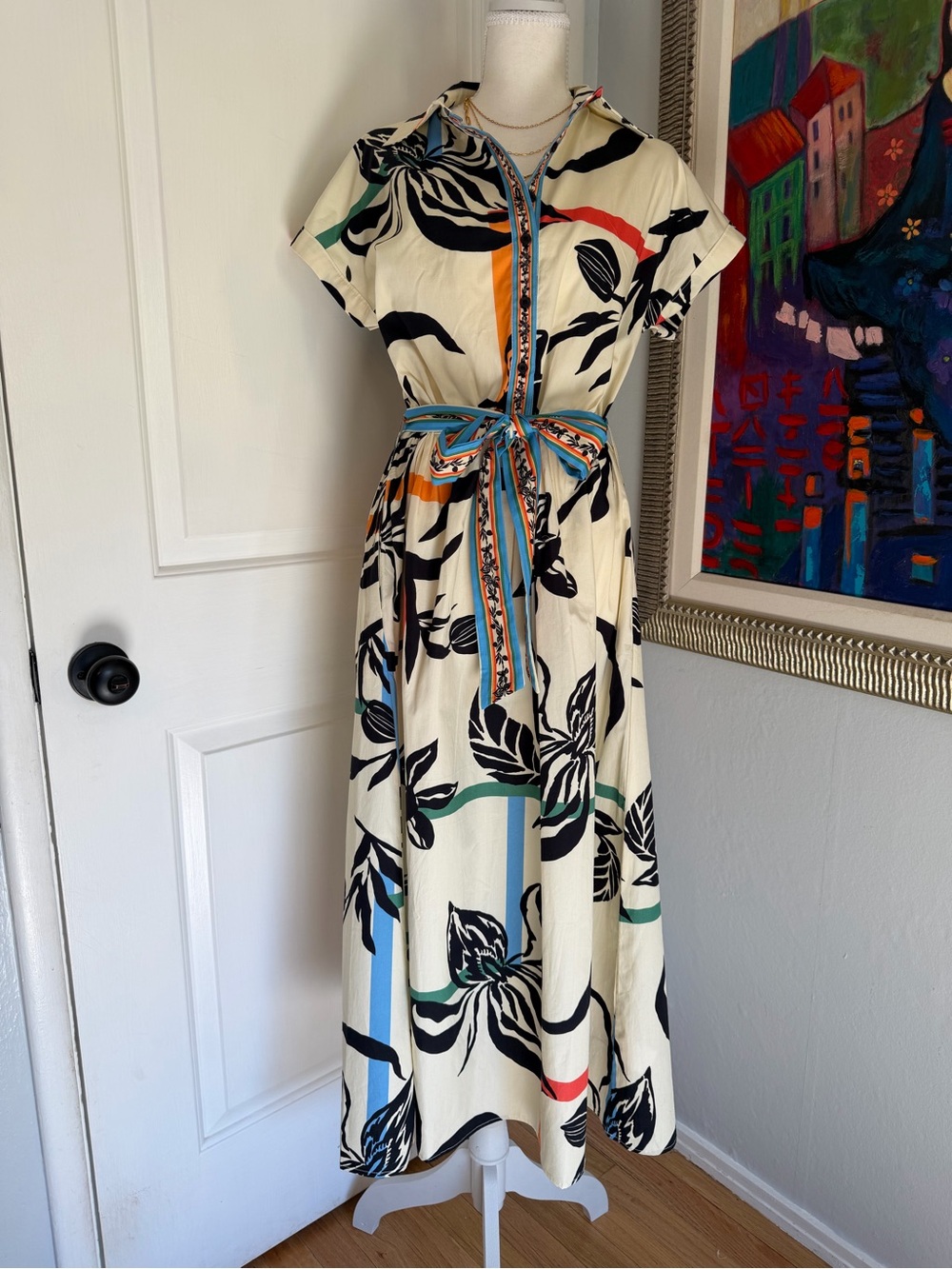 NWT Maude Vivante Cream Botanical Print Maxi Dress with Blue Accent Tie Small